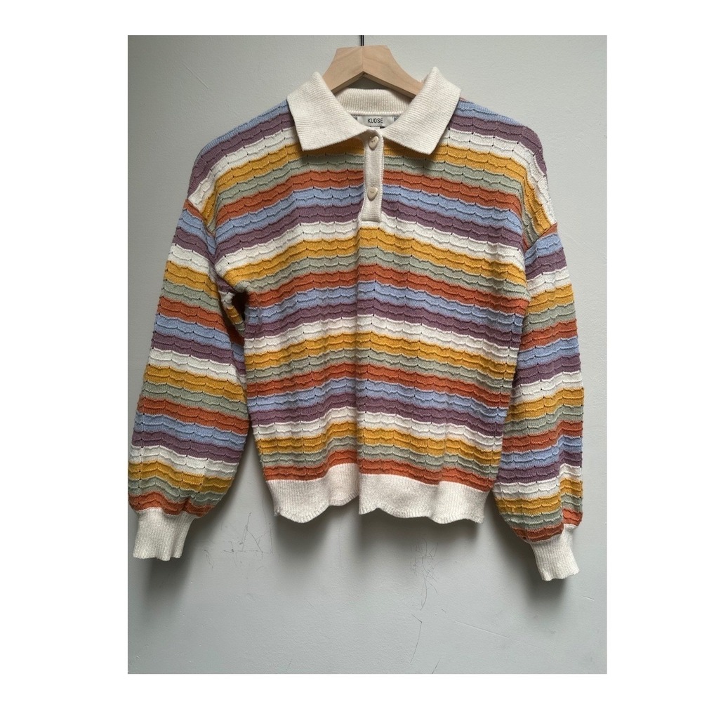 Kuose Striped Knit Polo Sweater ‎ Scalloped Hem Artsy Twee Hippie Retro Quirky